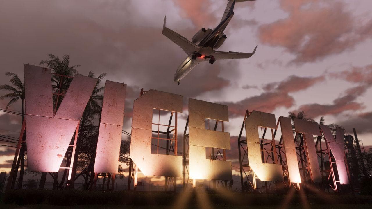 GTA 6 Vice City key art: a jet flying low over Leonida at sunset